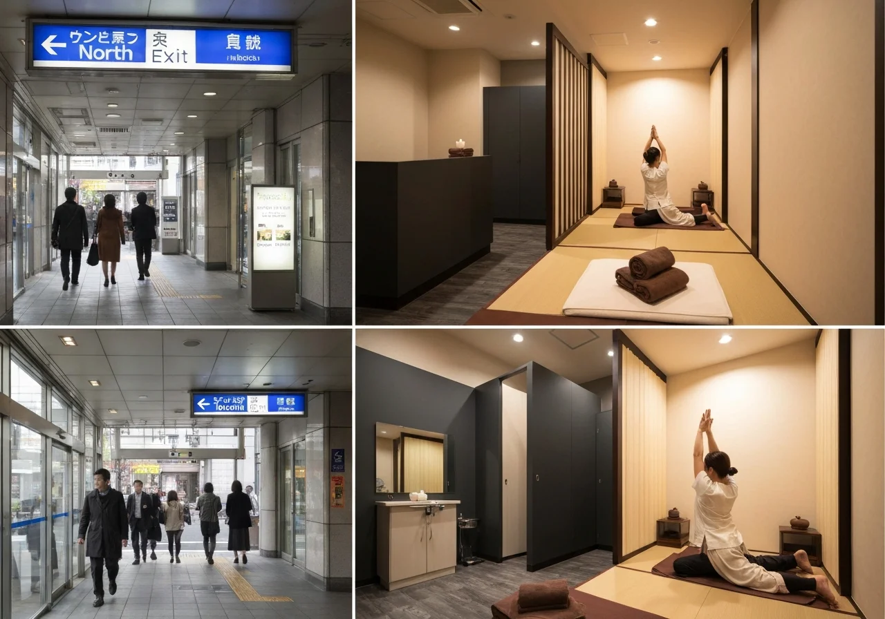 可見車站前導引標示與行人動線的鶯谷站周邊街景